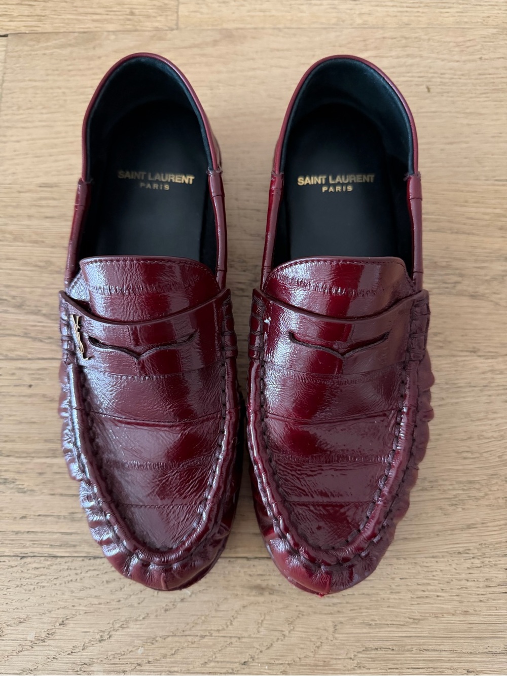 Saint Laurent Burgundy Patent Leather Penny Loafers